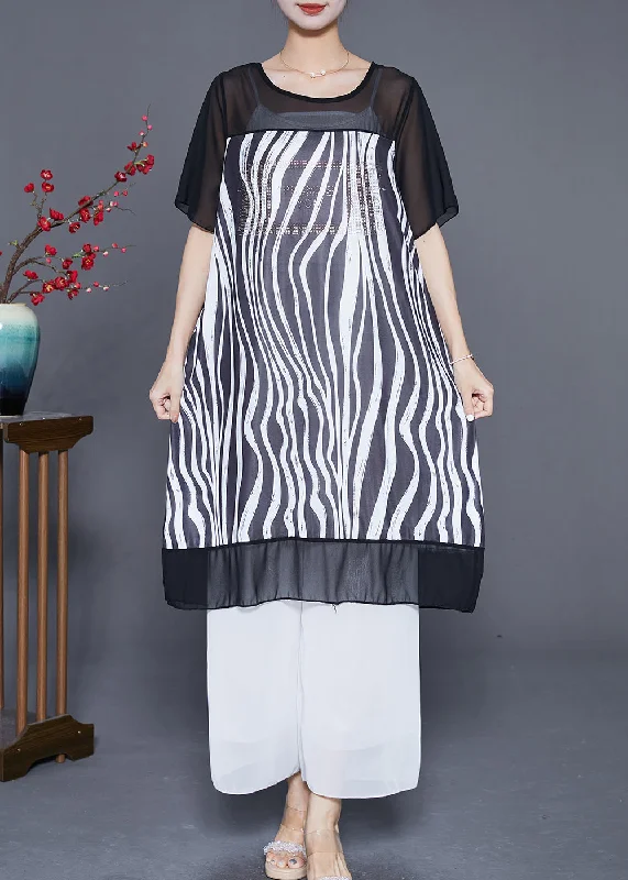 Modern Black Oversized Striped Zircon Chiffon Maxi Dresses Summer Trendy Styles