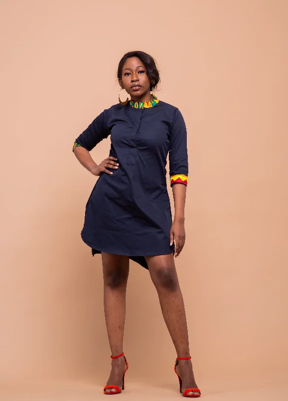 Dalton Midi Dress | Navy Blue and Ankara Mixed African Print Trendy Fashion For Women