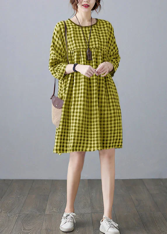 Vintage O-Neck wrinkled Pocket Yellow Linen Loose Dresses Half Sleeve Fashion Forward Femininity