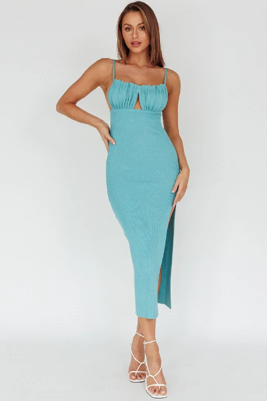 Jelina Gathered Bust Knit Midi Dress Teal All Season Basics Discount