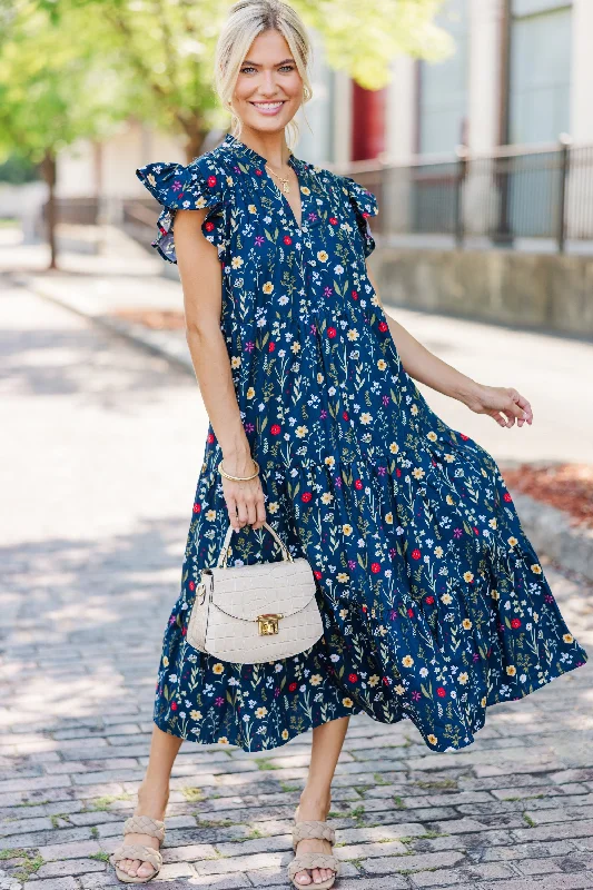 Just For Today Navy Blue Floral Midi Dress Style Streetwear