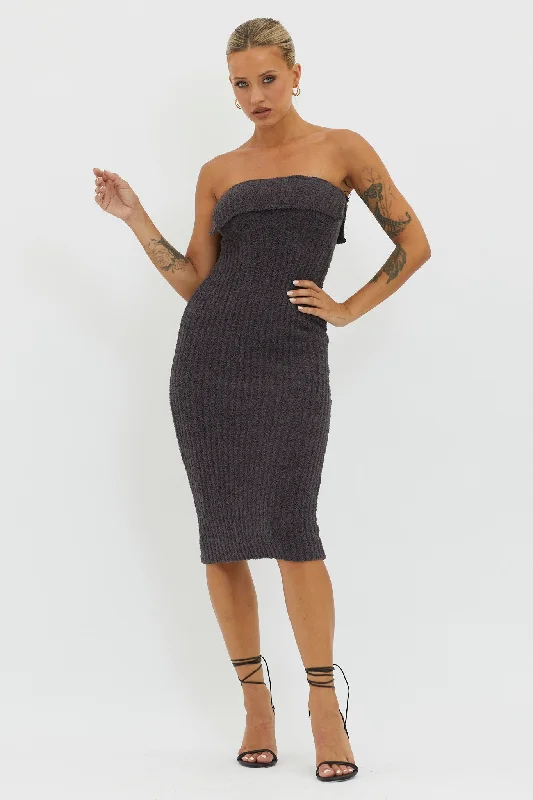 Lupita Foldover Ribbed Knit Midi Dress Charcoal Comfortable Clothes