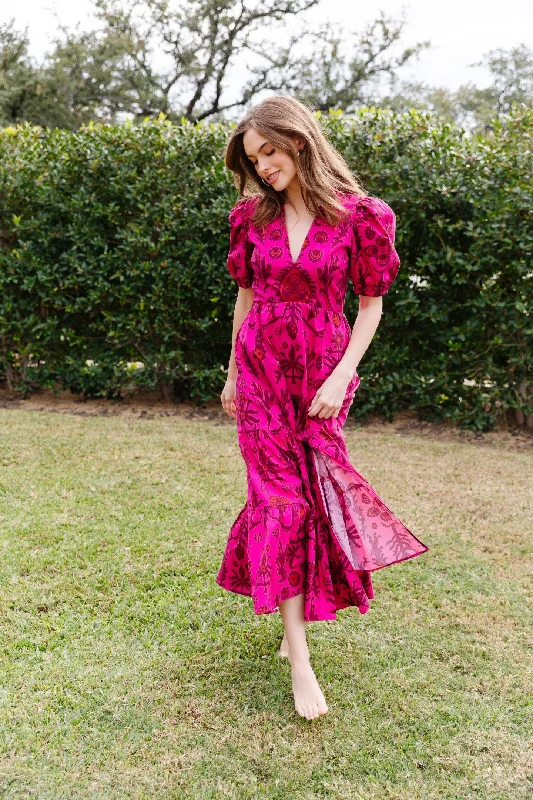 Margot Dress in Raspberry Floral Ikat Vibrant Femme Fashion