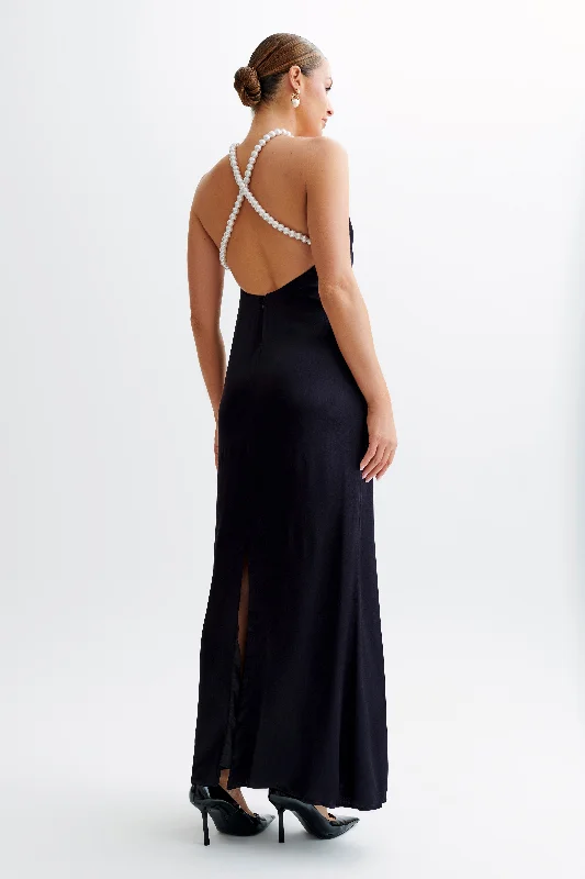 Blanche Satin Pearl Halter Maxi Dress - Black Eco Friendly Fashion Sale