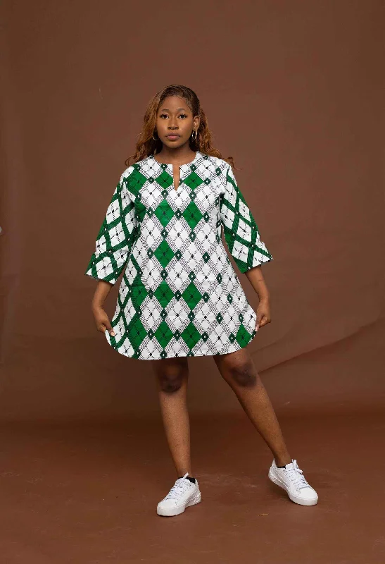 Alero Tunic Short Dress | White and Green African Print Great Prices On Feminine Styles