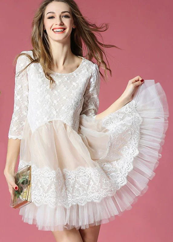 White Patchwork Lace Organza Day Dress O-Neck Exra Large Hem Summer Chic & Cozy Apparel