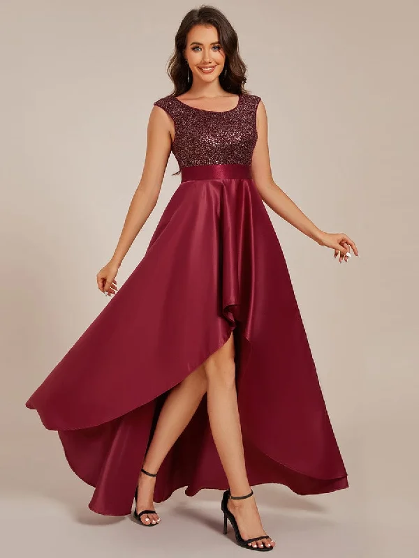 Faye | Sleeveless Sequin Top High-Low Formal Evening Dress with Satin Best Deals Of The Season