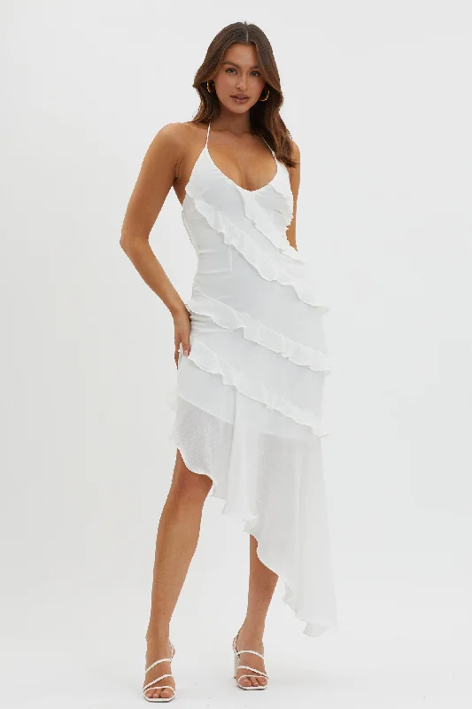 Arrabel Tiered Ruffle Asymmetric Midi Dress White Trend Forward Women's Wear