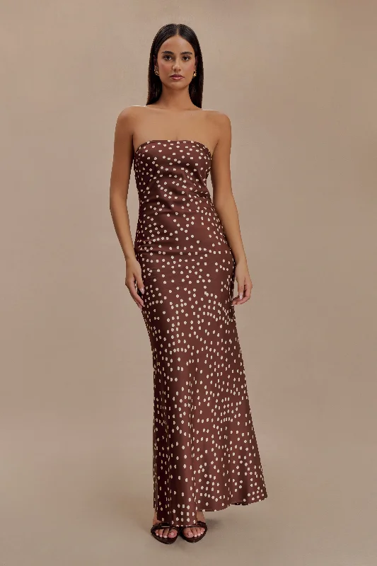 Claudette Strapless Satin Maxi Dress - Brown Polka Dot Print Polished Finish