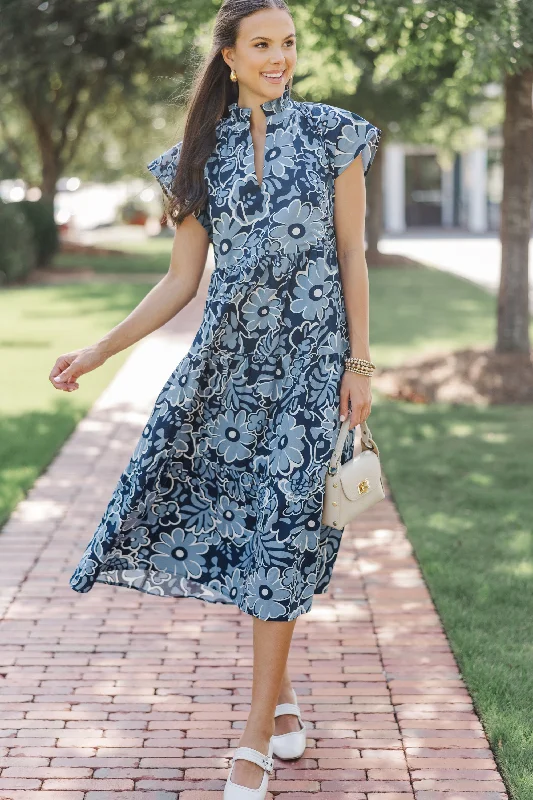 In Your Dreams Navy Blue Floral Midi Dress Romantic Detailing