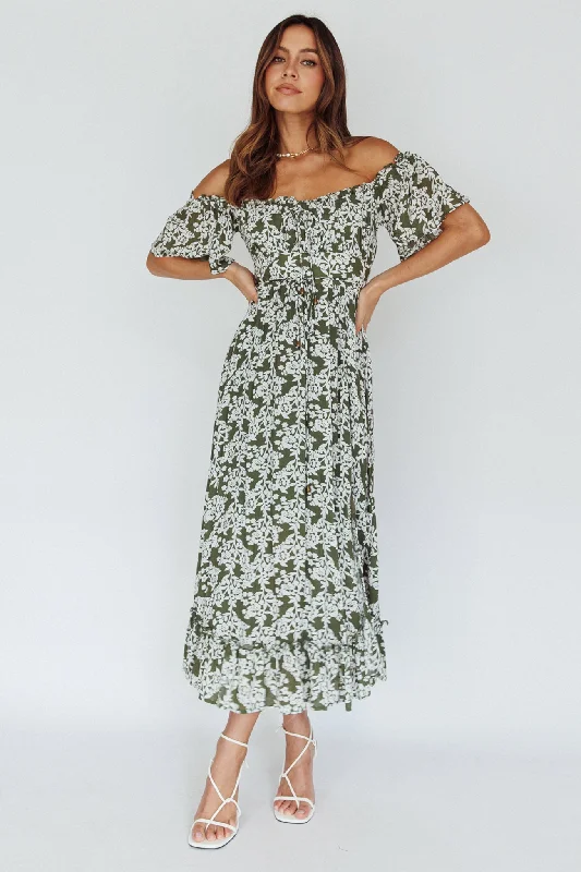 Voyager Off-Shoulder Bell Sleeve Midi Dress Floral Green Trendy Clothing Sale