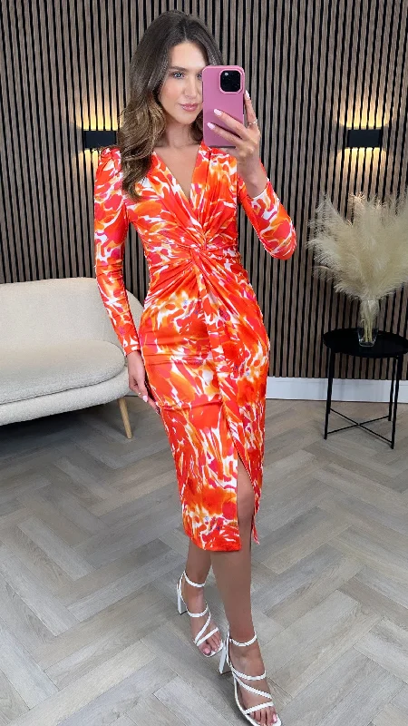 Alisha Orange Printed Knot Detail Midi Dress Gorgeous Glamour Collection