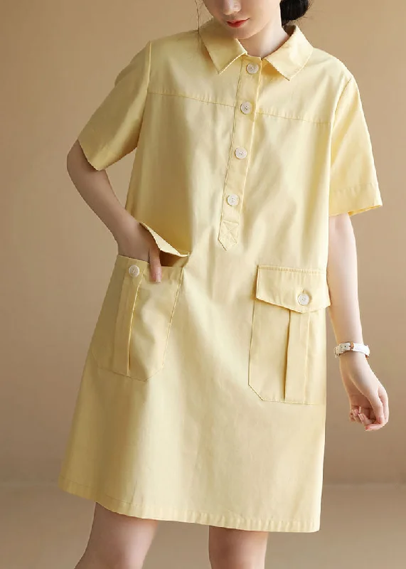 Classy Solid Yellow Peter Pan Collar Pockets Button Cotton Maxi Dress Short Sleeve Designer Wear On Sale