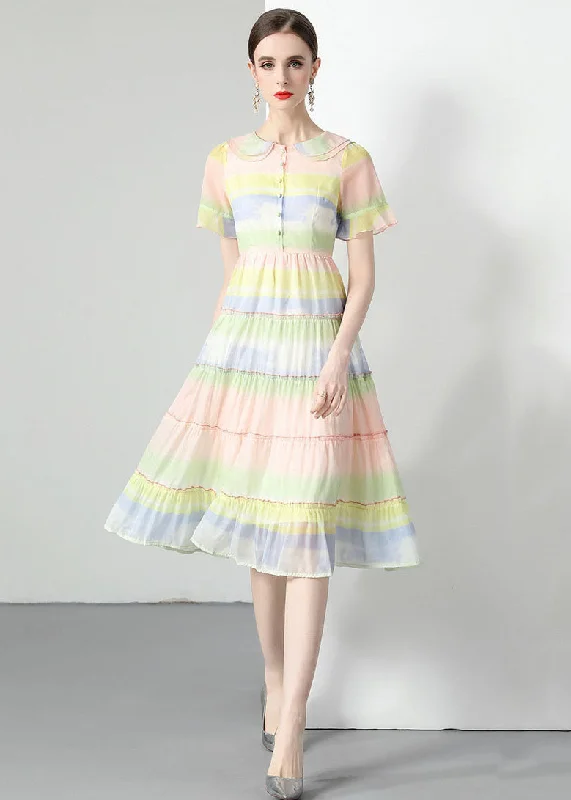 Women Rainbow Ruffled Button Patchwork Chiffon Dresses Summer Signature Style Essentials