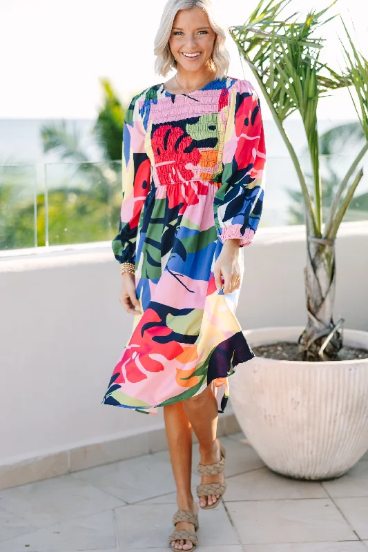 Get What You Want Navy Blue Abstract Print Midi Dress Mid Season Sale