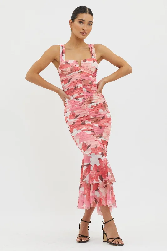 Nadia Ruched Fishtail Midi Dress Floral Pink Massive Savings