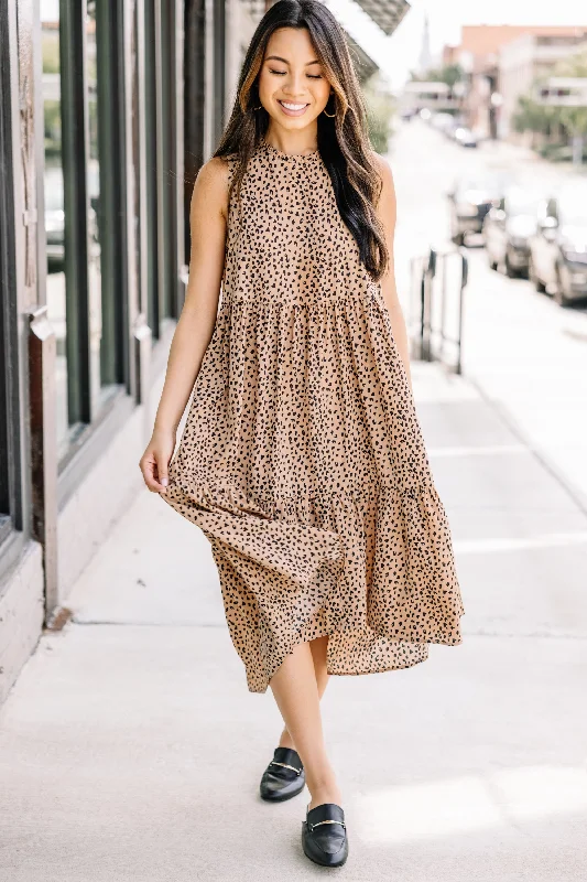 Always Bold Taupe Brown Spotted Midi Dress Trendy Women's Wear