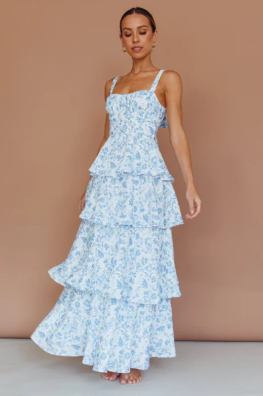 Provence Bloom Tiered Midi Dress Floral Blue Season Offer