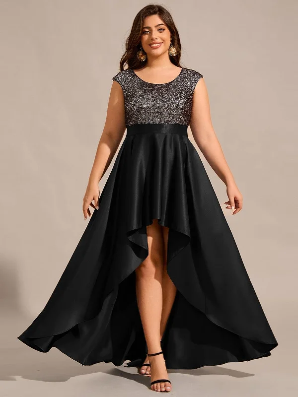 Faye | Plus Size Sequin Round Neckline High-Low Satin Formal Evening Dress Seasonal Clearance