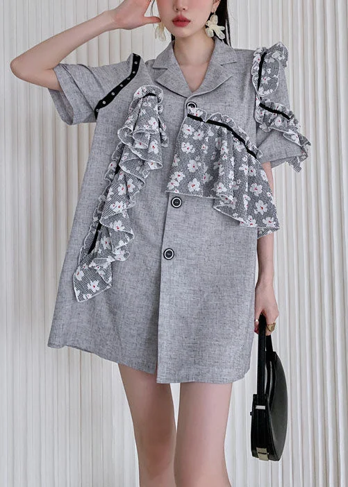 Simple Grey Notched Ruffled Patchwork Cotton Day Dress Summer Flowing Silhouette