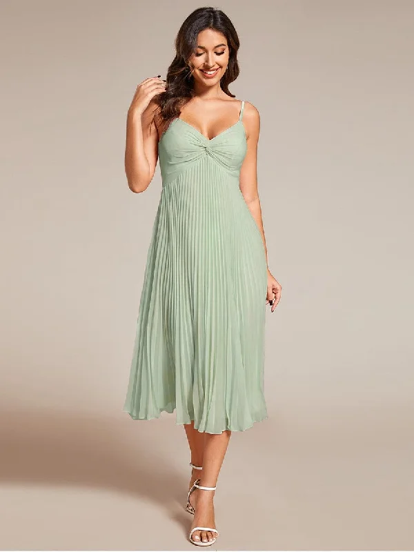 Midi Tiered Pleated V-Neck Wedding Guest Dress Featuring Spaghetti Straps Feminine Flow