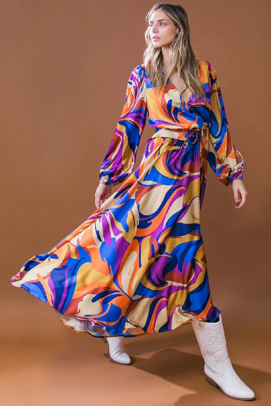 BOLD ADVENTURES WOVEN SATIN MIDI DRESS Colorful Clothing