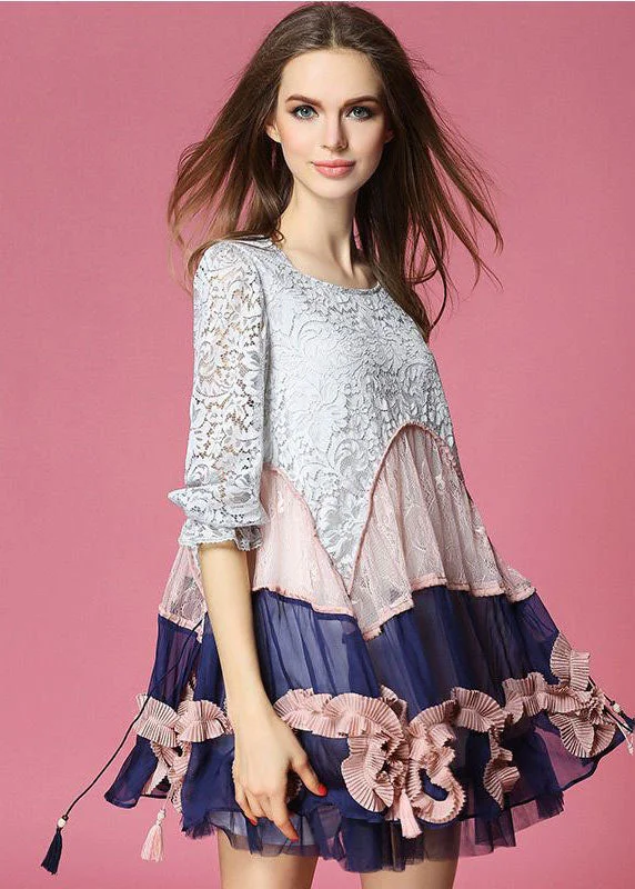 Chic Colorblock Asymmetrical Design Patchwork Lace Vacation Dress Half Sleeve Effortless Comfort