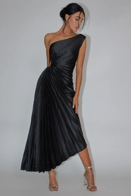 Brooklynn One-Shoulder Accordion Pleat Dress Black The Latest Trends