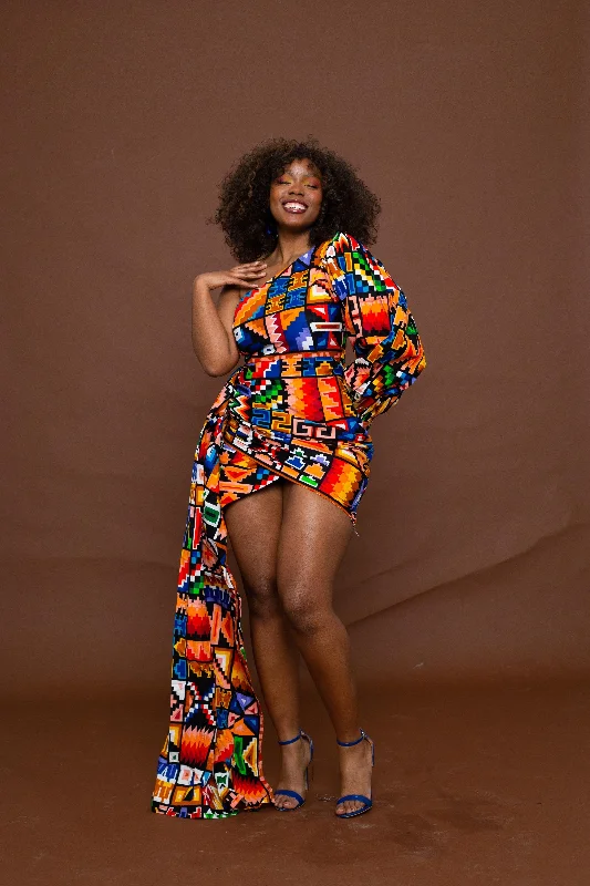 Frances Short Mini Dress | Blue and Yellow Multicolored African Kente Tribal Print Elegant Style