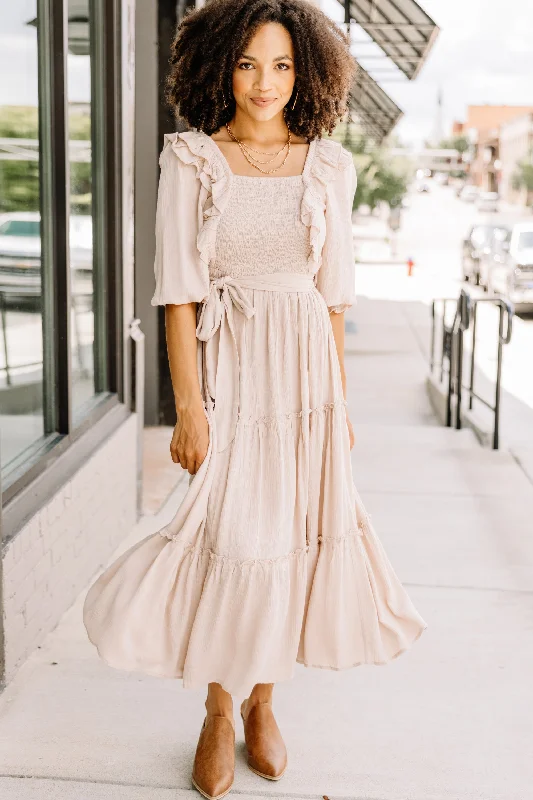 Feel Your Love Sand Brown Ruffled Midi Dress Vibrant Styles