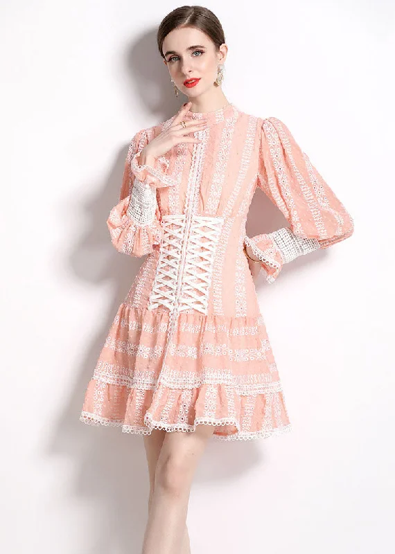 Chic Pink Hollow Out Embroideried Patchwork Chiffon Mid Dress Puff Sleeve Subtle Sophistication