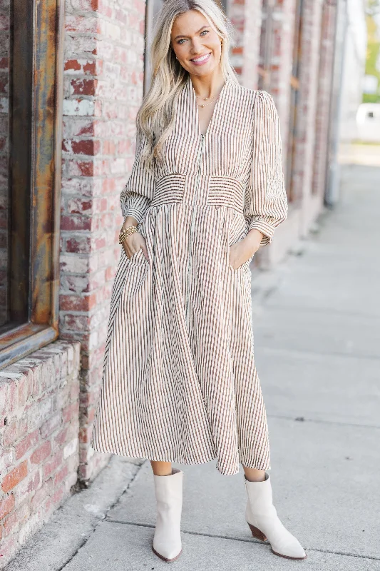 How You Love Brown Striped Midi Dress Trendy Street Style Attire