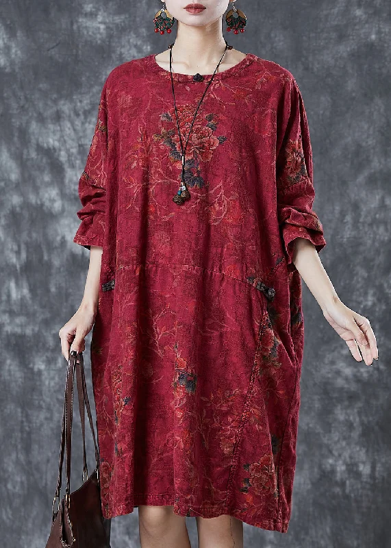 Women Red Oversized Print Linen Oriental Dress Fall Exclusive Discount