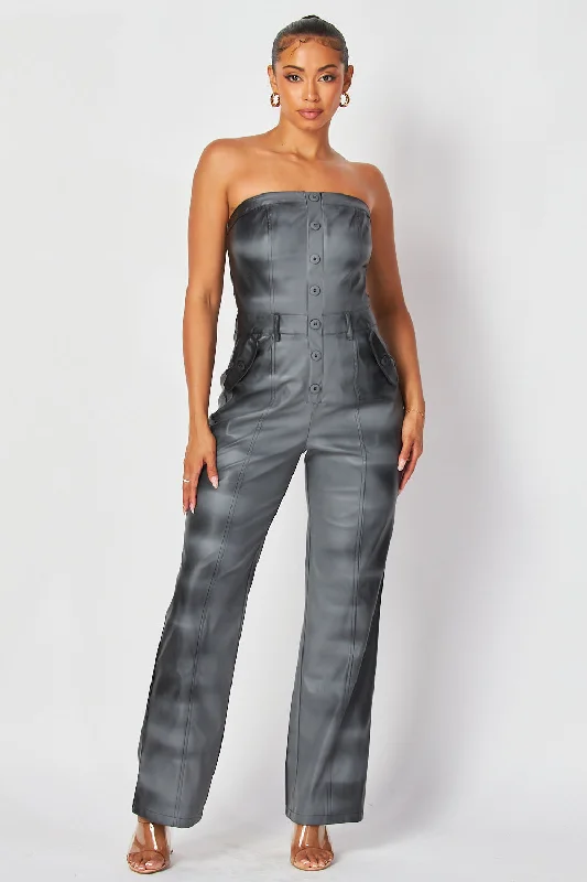 Hunter Airbrush Detail Faux Leather Tube Jumpsuit Style Revolution