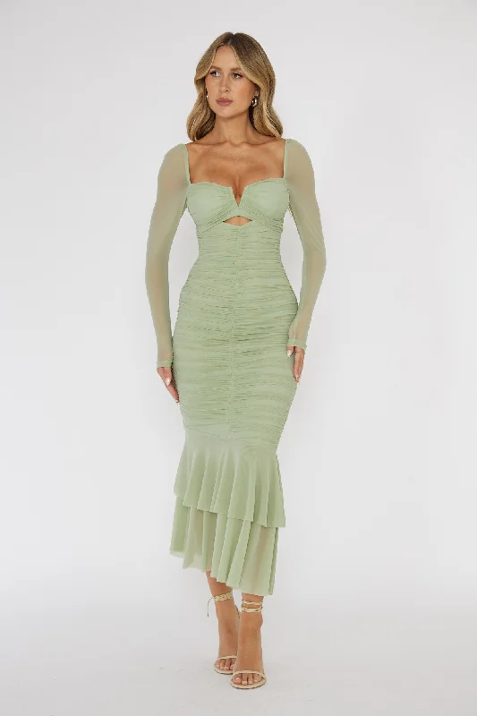 Nadia Long Sleeve Fishtail Midi Dress Mint Formal Outfit