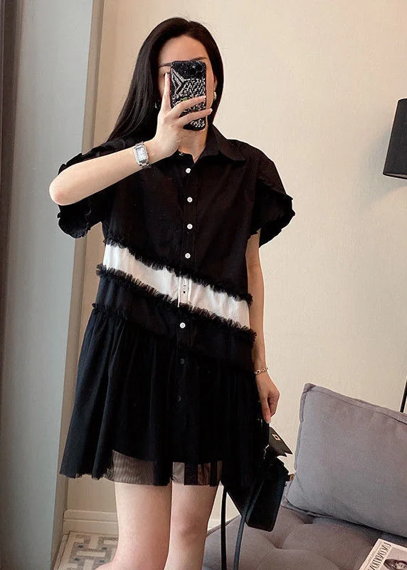 Black Patchwork Cotton Mini Dresses Oversized Wrinkled Summer All Season Fashion Collection