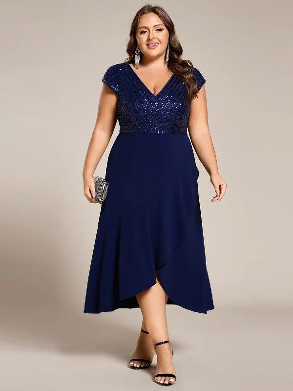 Plus Size Sequin Bodice V-Neck Midi Chiffon Formal Dress Summer Fashion