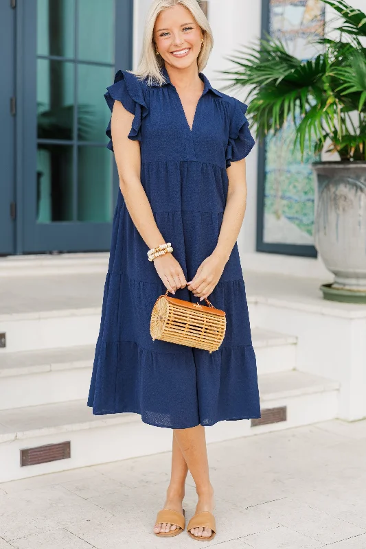 Look You Up Navy Blue Ruffled Midi Dress Spring Fashion