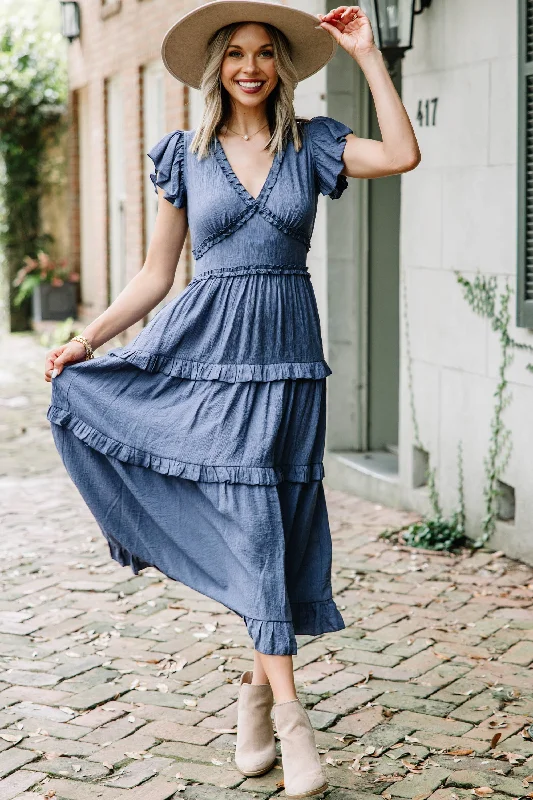 See For Yourself Navy Blue Ruffled Midi Dress Women's Fashion Hotspots