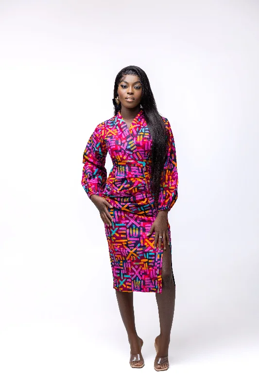 Quin Ankara Midi Dress | Pink and Yellow Multicolored African Print Limited Time Offers