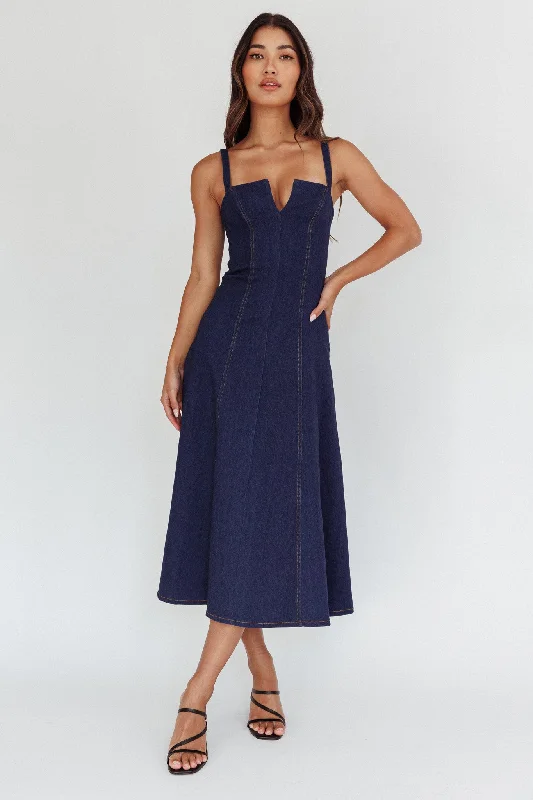 Catch My Drift A-Line Midi Dress Dark Blue Chic And Trendy