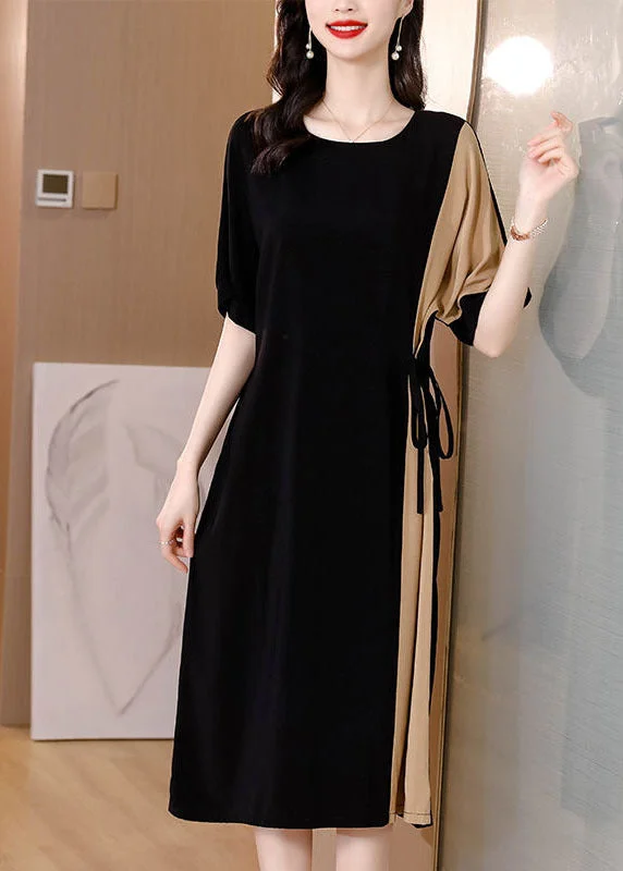 Black Patchwork Chiffon Party Dress Tie Waist Pockets Short Sleeve Statement Piece