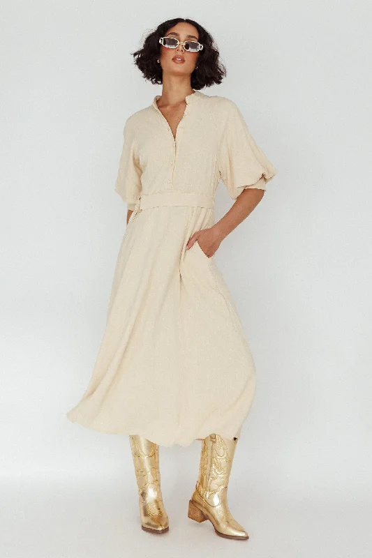 Mallory Belted Waist Lantern Sleeve Midi Dress Beige Style Streetwear