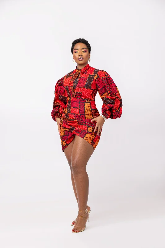 Bonnie Ankara Short Mini Dress | Red and Orange African Print Save On Classic Elegant Styles