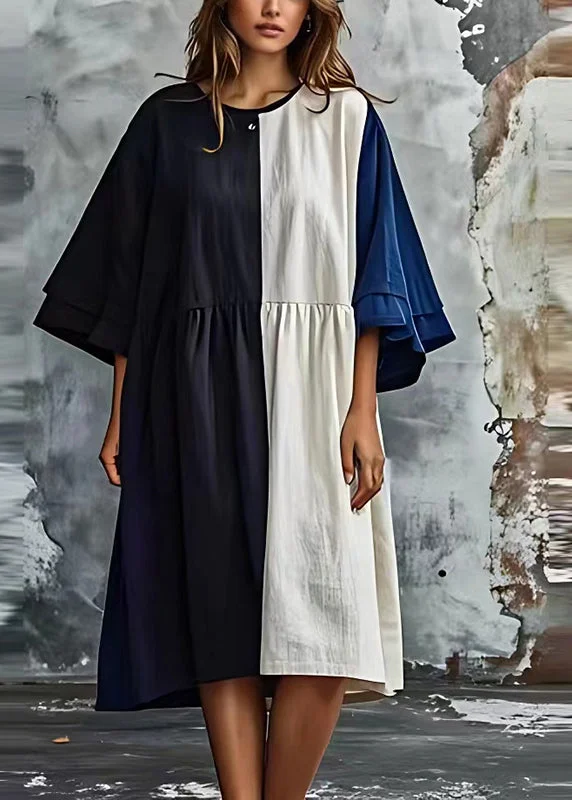 Stylish Colorblock Oversized Patchwork Cotton Dress Batwing Sleeve Dreamy Aesthetic