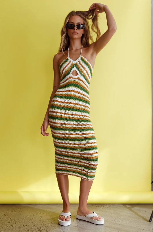 Malibu Nights Halterneck Knit Midi Dress Striped Olive Feminine Allure