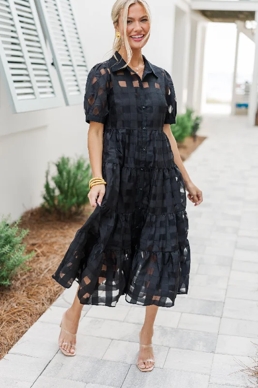 So Worth It Black Textured Button Down Midi Dress Huge Discounts This Week