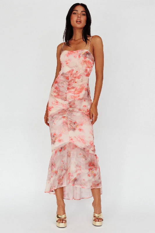 Sayna Ruched Front Midi Dress Floral Pink Everyday Glamour