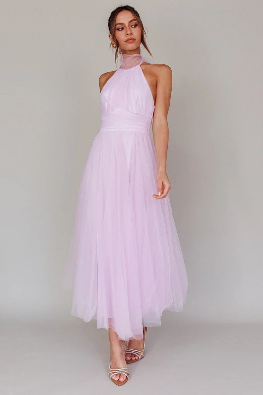 Andria Halterneck Tulle Midi Dress Light Lilac Evening Looks