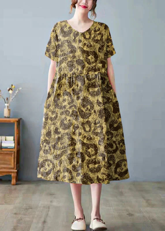 Beautiful yellow leopard print bamboo Pockets Print O Neck Dress Crazy Discounts, Hurry Up